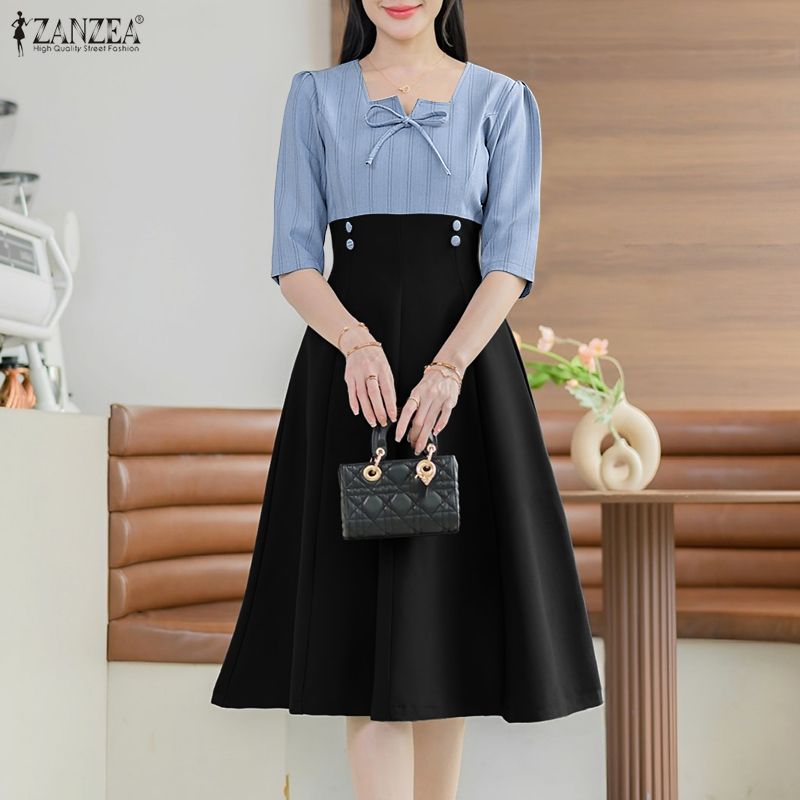 ZANZEA%20Korean%20Style%20Women%20Trendy%20Square%20Neck%20Midi%20Dresses%20Short%20Sleeve%20Bowknot%20Stripe%20Patchwork%20Dress%20#1229%20-%20Image%202