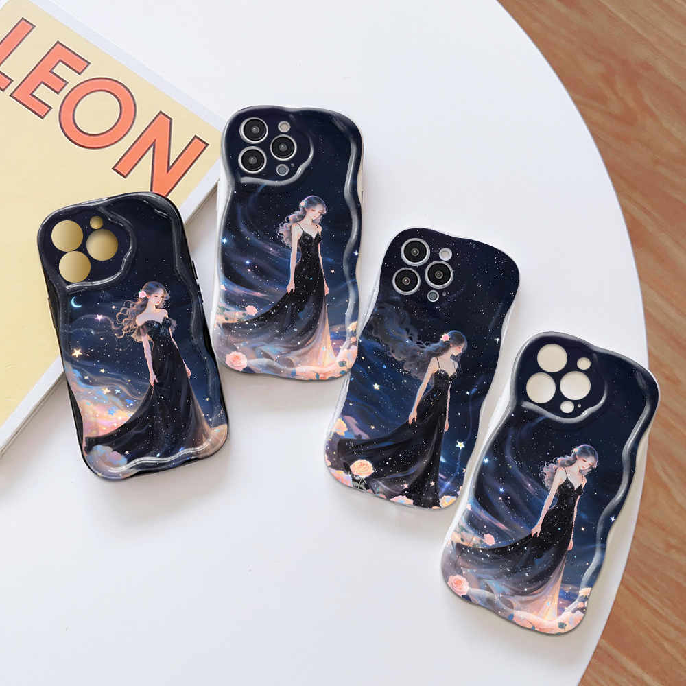 FELMYST%20for%20Redmi%2014C%20Back%20Cover%20Starry%20Sky%20Black%20Skirt%20Girl%20Cream%20Texture%20Wavy%20Edge%20Soft%20Silicone%20Phone%20Case%20-%20Image%203