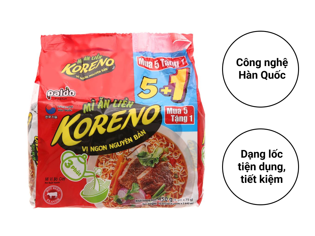 Lốc 6 Gói Mì Koreno Vị Bò Cay 75g