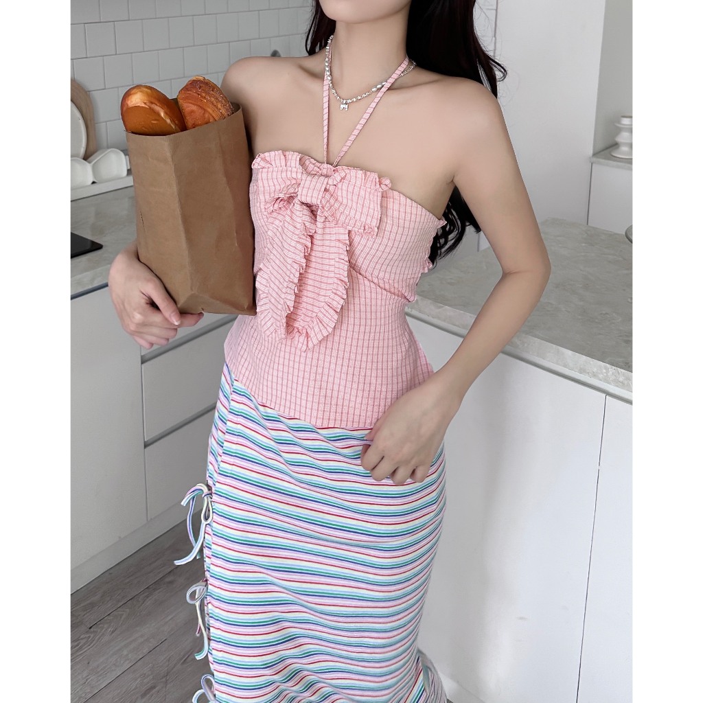 [VOUCHER 12%/149K] Áo yếm caro phối nơ MONÁ - ROLA