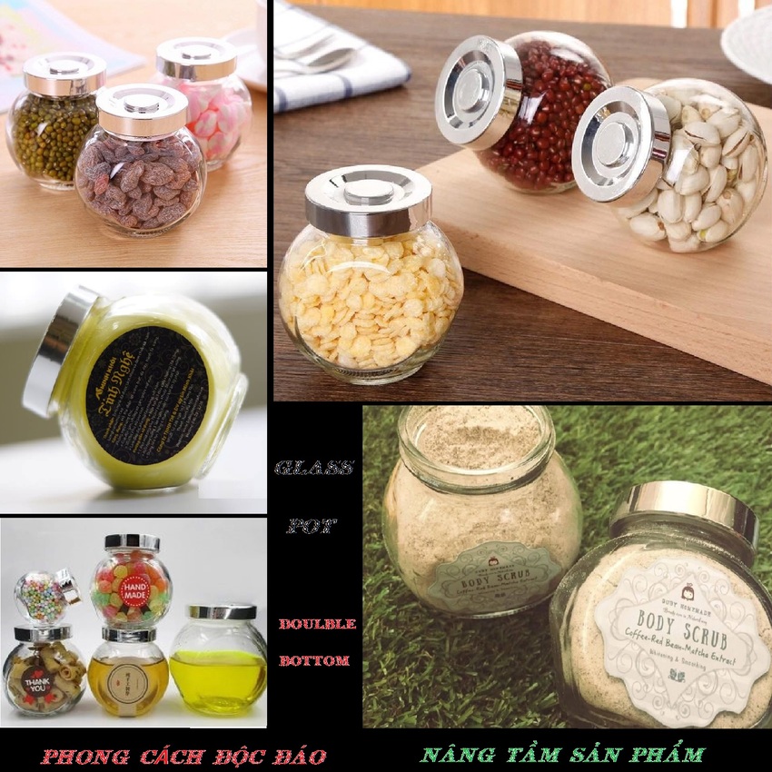 Hũ Chưng Yến Thủy Tinh 180ML (combo 3 cái) tròn dẹt kiểu nghiêng 2 đáy nắp nhựa vàng - Hũ Gia Vị