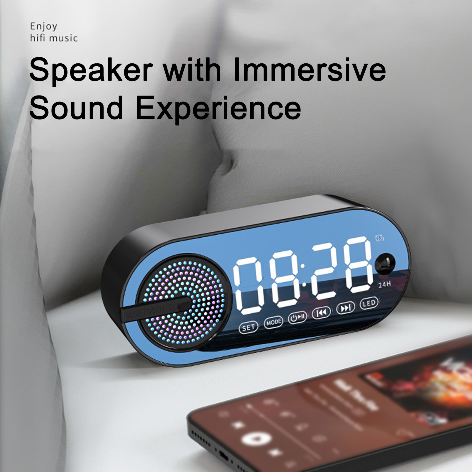 Wireless Speaker with Stereo Structure Speaker with Immersive Sound Experience Portable Wireless Speaker with Mirror Clock Immersive Sound Enhanced Bass Bluetooth 5.0 Speaker