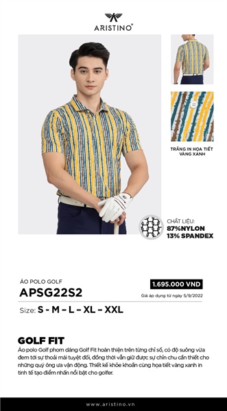 Áo polo golf Aristino APSG22S2 màu vàng kẻ chất thun lạnh mềm mát