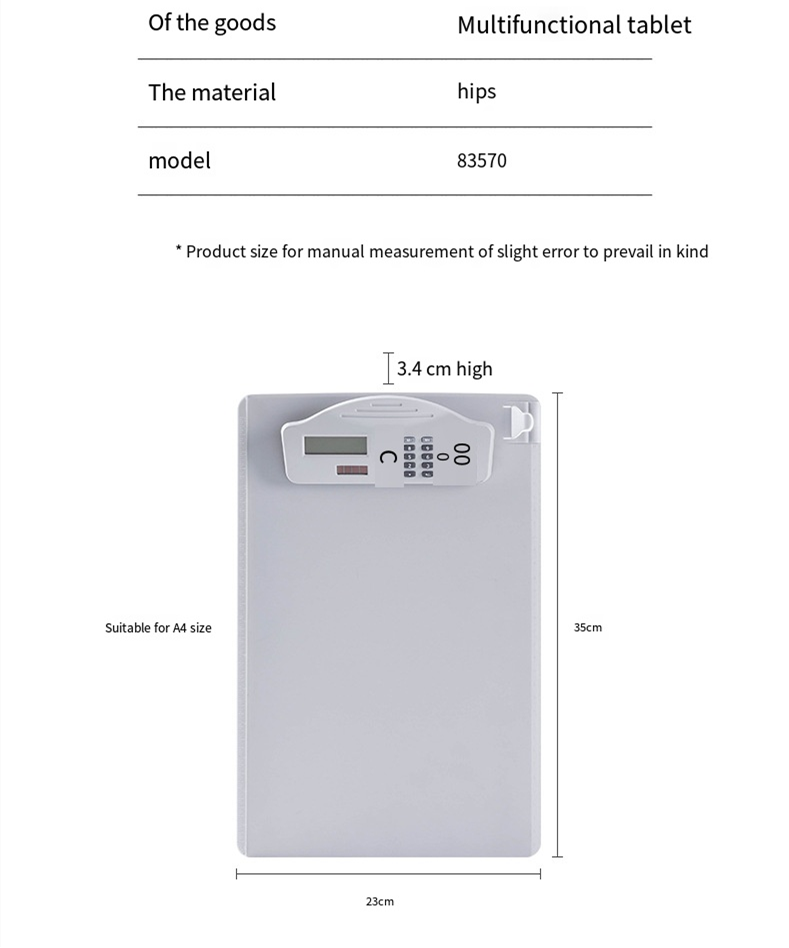 A4 multi-function Folder Board with Solar Powered Calculator Pen Clip for Office Home School Restaurant