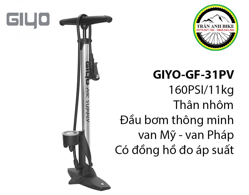 Bơm sàn xe đạp, xe máy Giyo cao cấp - Van thông minh