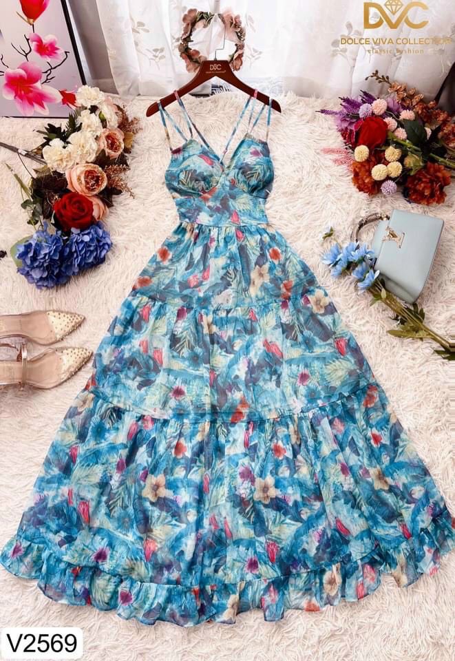 Đầm maxi hai dây hoa lụa phối tầng đi biển cực xinh