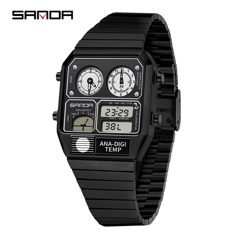 Sanda Retro Trendy Punk Dual Display Luminous Waterproof Electronic Quartz Men's Watch SD3192-3.