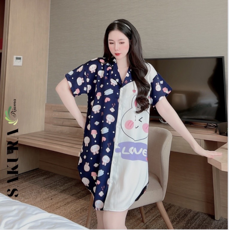 Váy sơ mi suông dáng dài thiết kế cute lụa ngủ cao cấp SAKURA