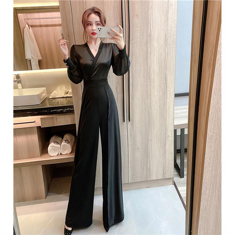 Jumpsuit Women Chiffon Fashion Long Wide Leg Style V-Neck Long Sleeve Jumpsuit