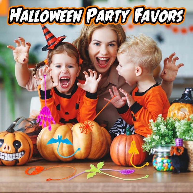 64-Piece Halloween Sticky Hands Party Favors - Skull Bat Ghost Pumpkin Toys