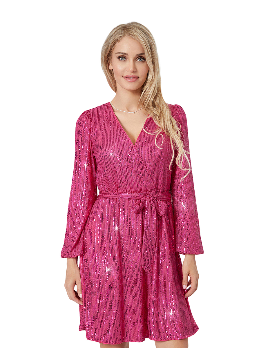 Sweetboxe 2023 new Women's Sequin Mini Dress Glitter Long Sleeve Wrap V Neck Belted Dress Party A-Line Dress