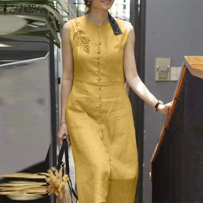 ZANZEA Womens Floral Embroidery Cotton Linen Sleeveless Dress Vintage  Single Breasted Plain Midi Dresses | Daraz.lk