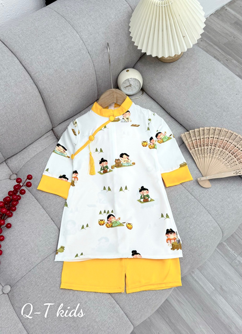 (SIZE 10-30KG) SET ÁO DÀI HỌA TIẾT CHO BÉ TRAI BÉ GÁI, KÈM QUẦN LỤA
