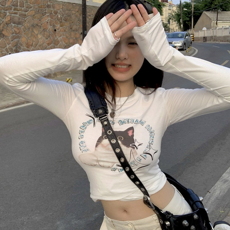 HengShanYuan 薄款印花长袖猫咪T恤女2022年夏季新款白色