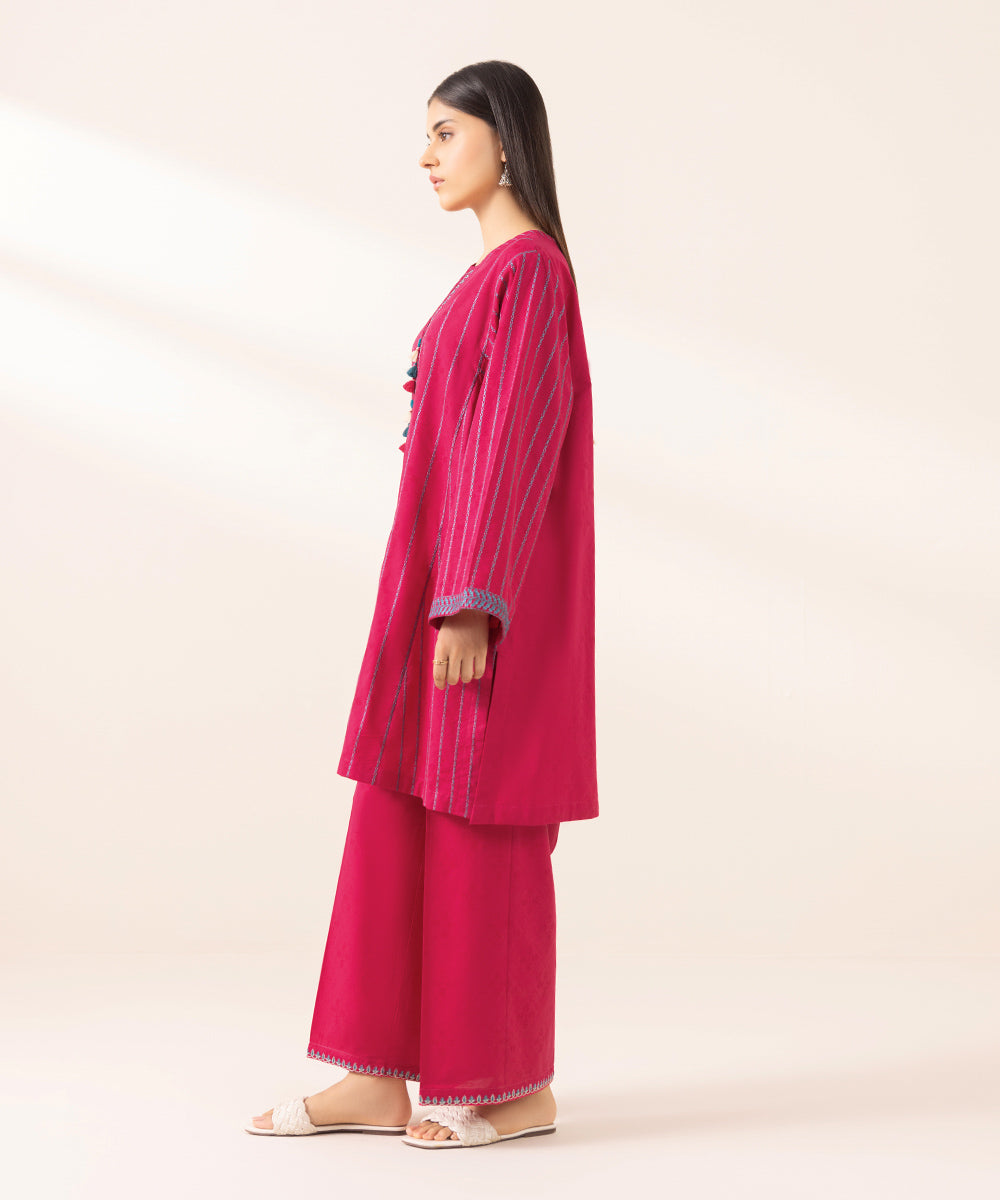 Sapphire Women's Pret Cotton Jacquard Solid Embroidered Pink A-Line Shirt For Women - Women RTW / Stitched