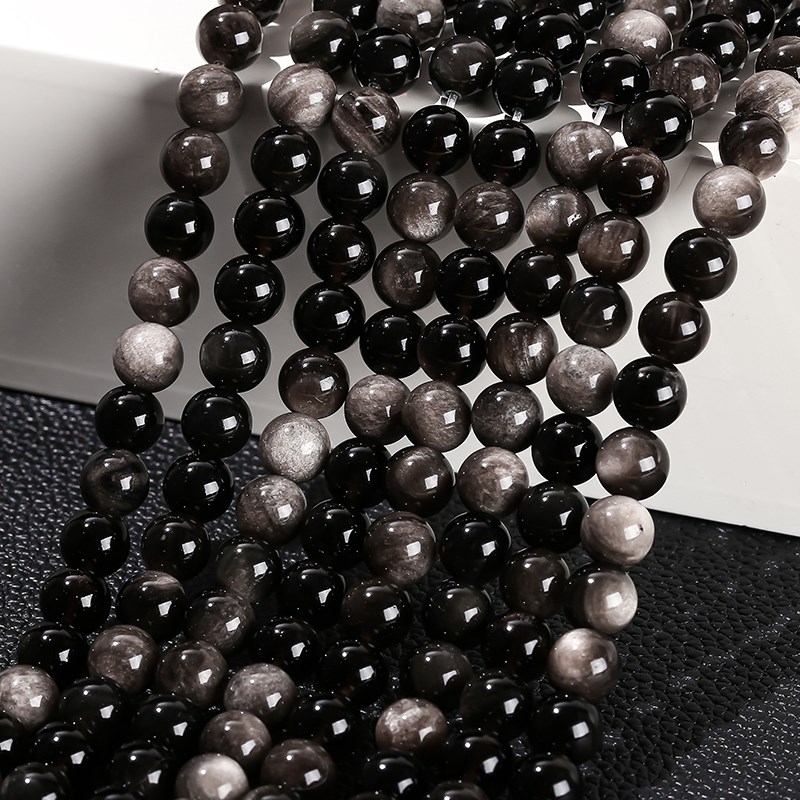 7A Quality Natural Stone Silver Irisation Obsidian Bead Round Loose ...