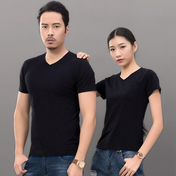 Áo Thun Nữ Cổ Tim Màu Đen Ngắn Tay Form Xuông Nam Nữ Vải Dày Mịn Không Xù Lông