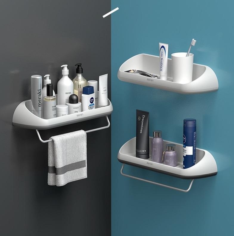Kệ để đồ nhà tắm OENON cao cấp chất liệu nhựa ABS, Kệ có thanh vắt khăn tiện dụng lắp đặt dán tườn gạch men siêu chắc - KEMOC