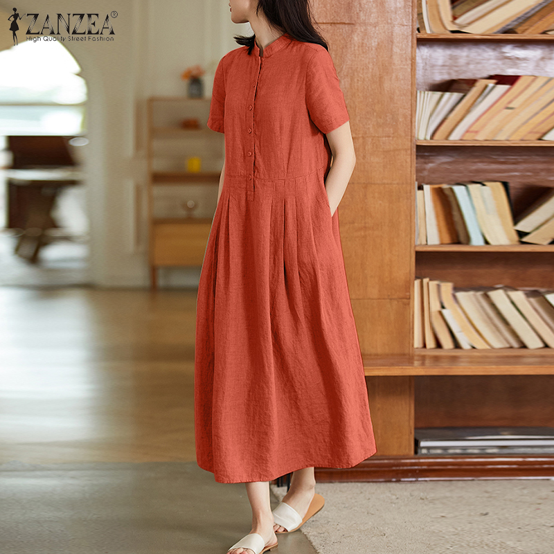 ZANZEA%20Korean%20Style%20Women's%20Dresses%20Vintage%20Casual%20Round%20Neck%20Short%20Sleeve%20Solid%20Color%20Midi%20Dress%20-%20Image%204