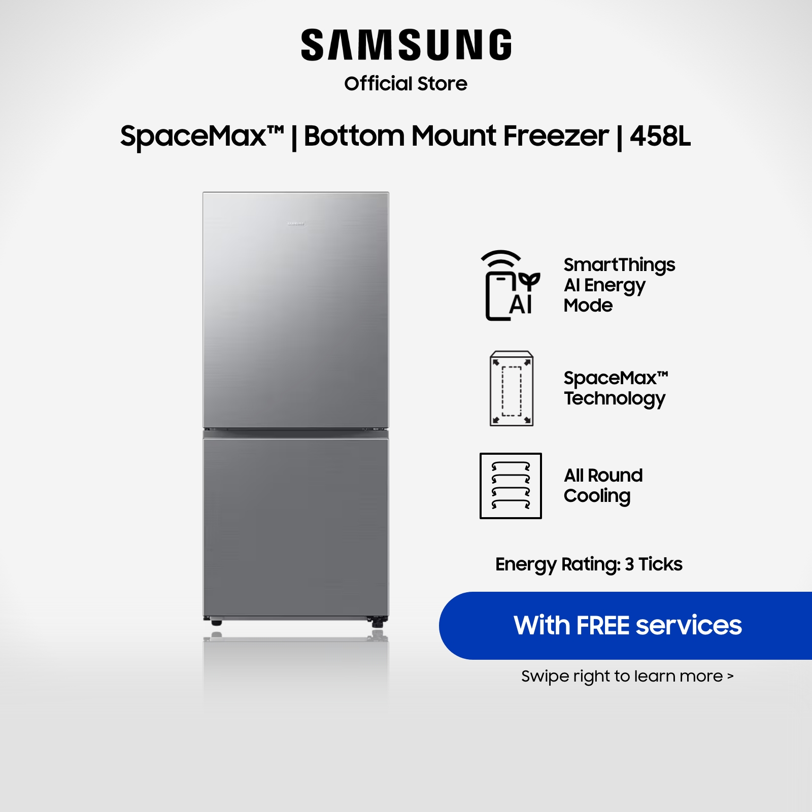 Samsung RB45DG600ES9SS Bottom Mount Freezer Refrigerator, 458L, 3 Ticks Lazada Singapore