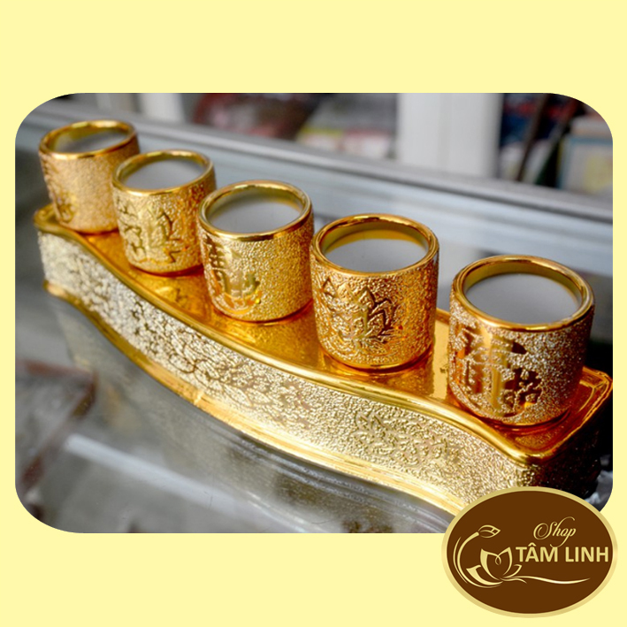 Chung Bộ 5 Ly Nước Thờ Cúng Kim Sa 8 cm