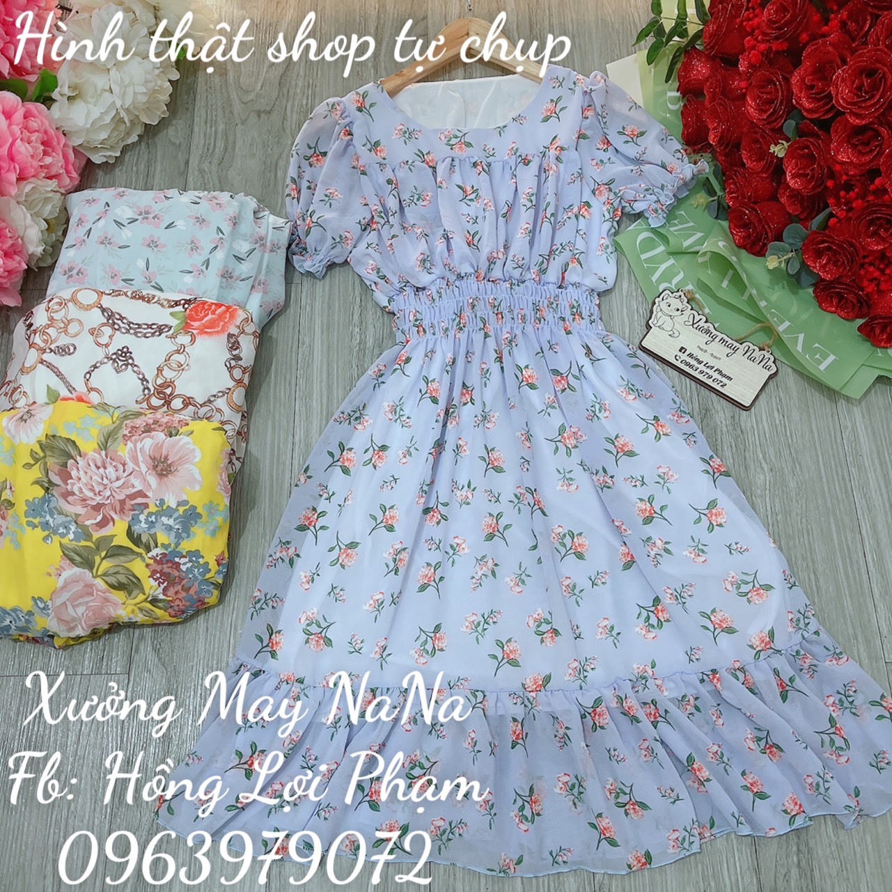 Đầm hoa nhí tay phồng đuôi cá (hình thật+video)