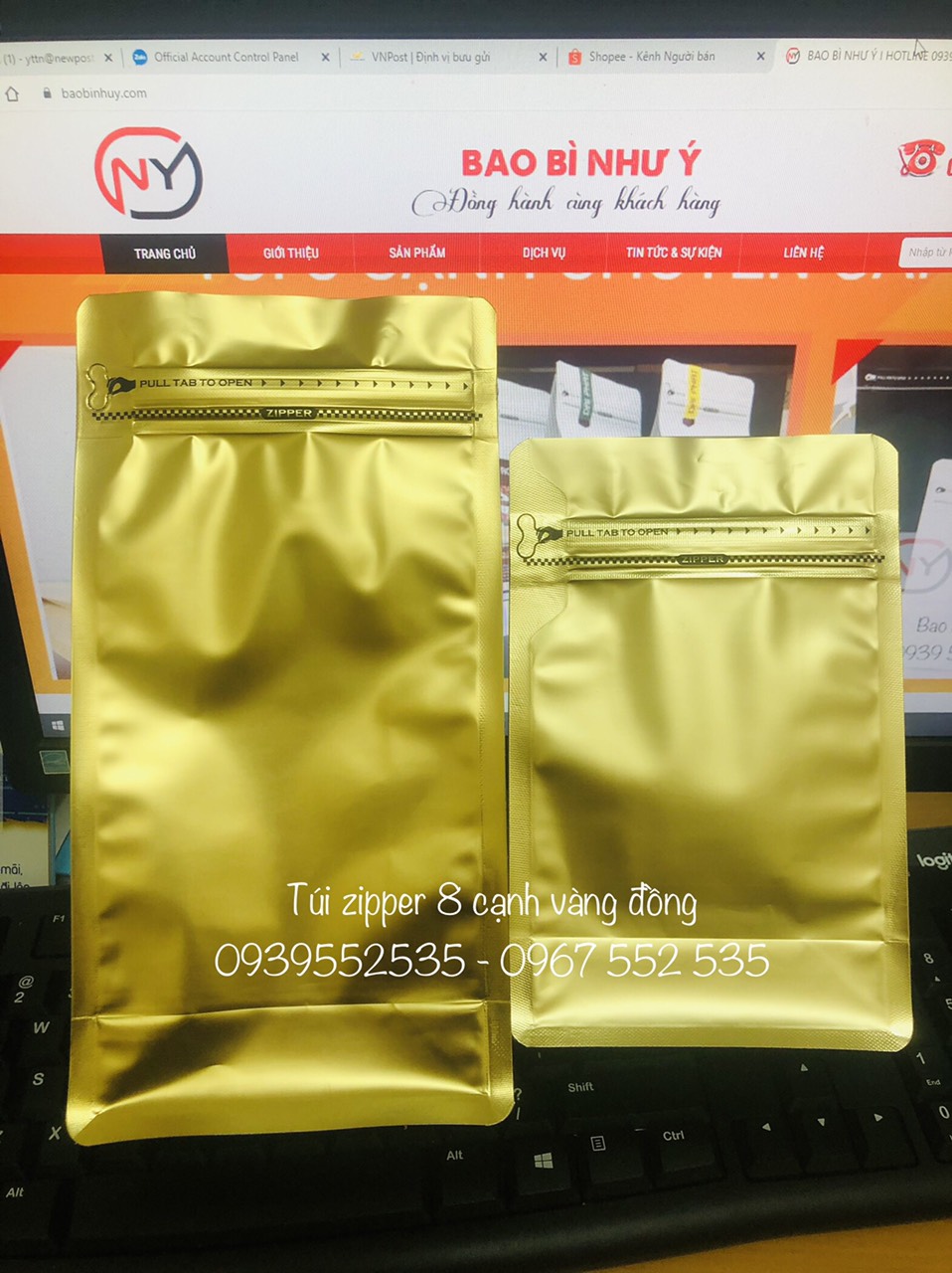 [1kg/size] túi zip 8 cạnh cafe MÀU VÀNG ĐỒNG (full size)