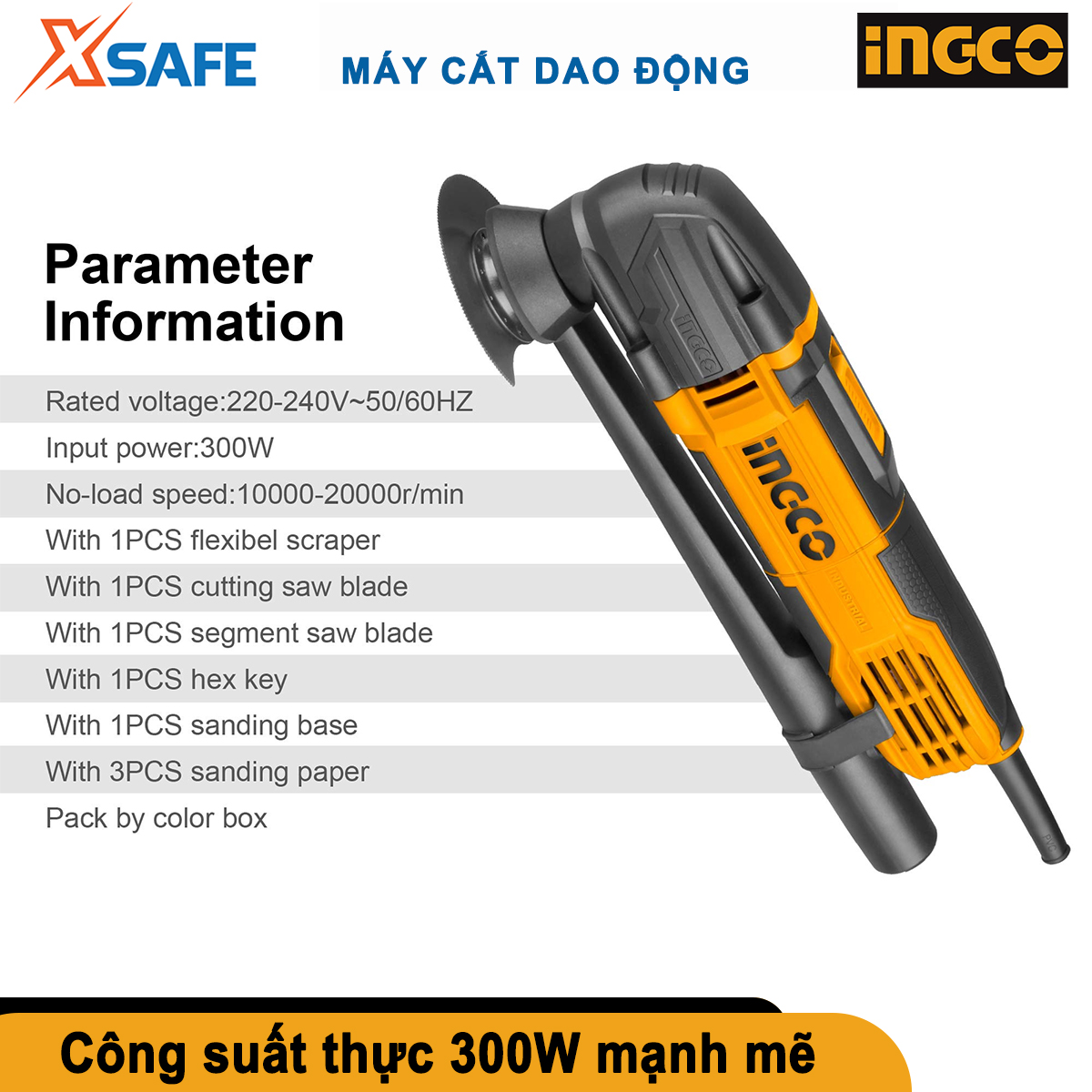Máy cắt dao động đa năng INGCO MF3008 300W có chỉnh tốc, Máy cắt góc đa năng điện thế 220v tốc độ 10000-20000v/p, tặng kèm bộ 8 lưỡi mài cắt tiện dụng