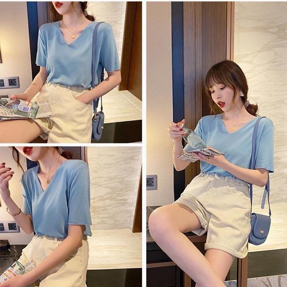 Áo thun cổ tim dáng suông basic