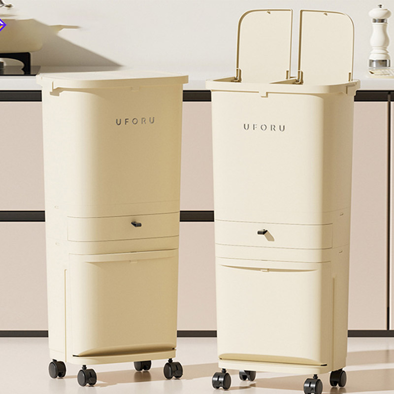 YONUO Kitchen trash can, household large press type, with pulley, cream wind, no bending, multi-layer dry and wet separation trash can