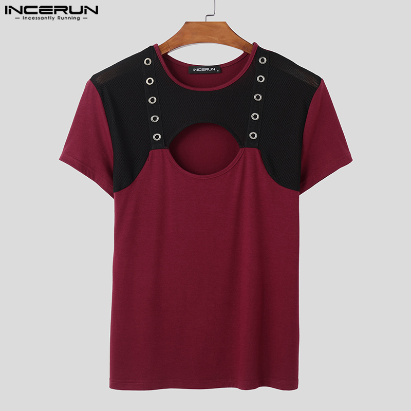 INCERUN Korean Style Men Ribbon Splicing Mesh Hollow Out Design Blouses ...