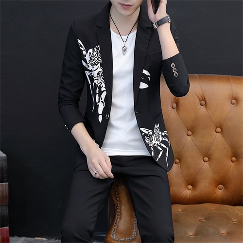 2023 New Men's Yellow Printed Suit Jacket And Trousers Spring Autumn Slim Men 2 Piece White Black Blazer Pants Suits