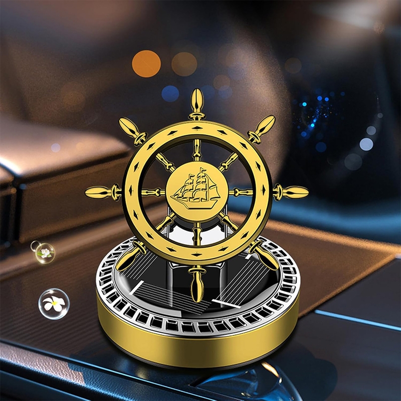Solar Rotating Ship Wheel Car Air Freshener – Luxury Dashboard Perfume with Compass Design.