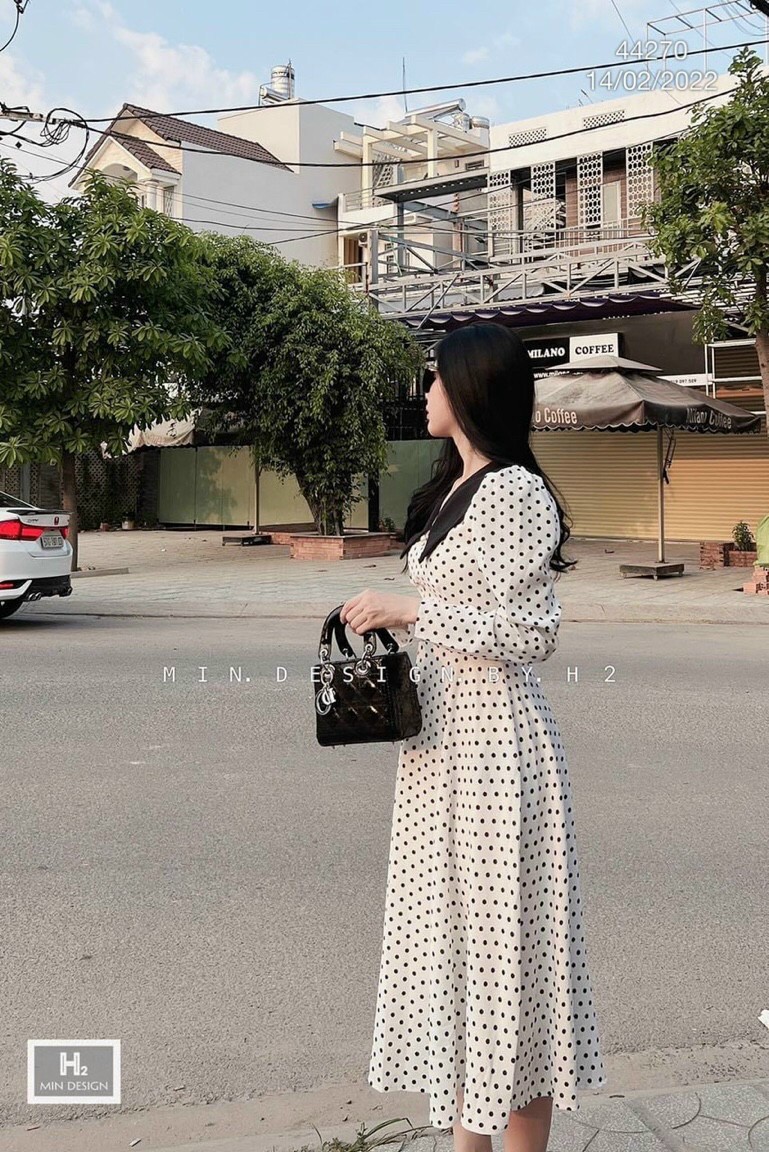 Đầm von hàn quốc dáng suông cổ bẻ dài tay phối chấm bi tiểu thư ttsa1514