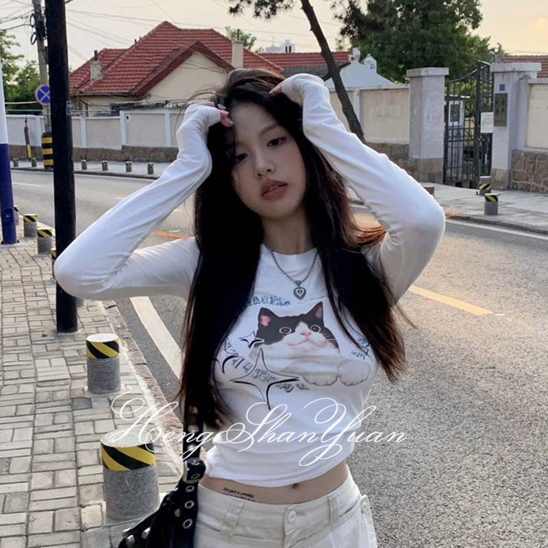 HengShanYuan 薄款印花长袖猫咪T恤女2022年夏季新款白色