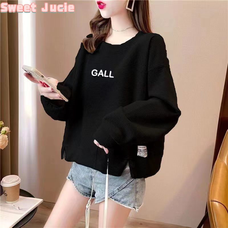 Sweet Juice Round Neck Sweatshirts Women Korean Loose Long Sleeve Waffle Sportshirt Ins Style Pullover for Women