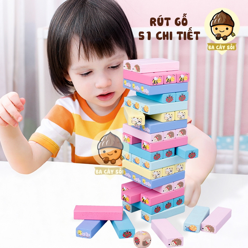 Bộ đồ chơi rút gỗ 51 thanh in hình ngộ nghĩnh nhiều màu sắc cỡ lớn cho bé.