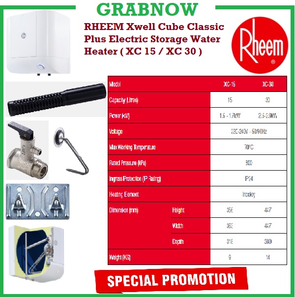 RHEEM Xwell Cube Classic Plus Electric Storage Water Heater ( XC15 / XC30 )  / EXPRESS DELIVERY | Lazada Singapore