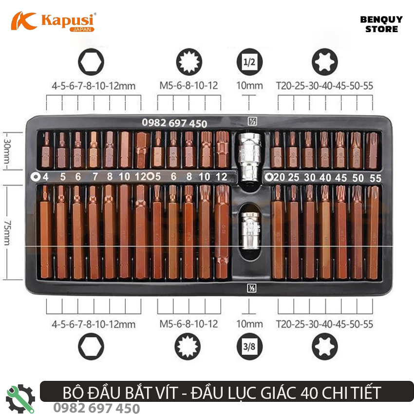 Bộ đầu bắn vít - đầu lục giác 40 chi tiết kapusi japan cam kết chính hãng