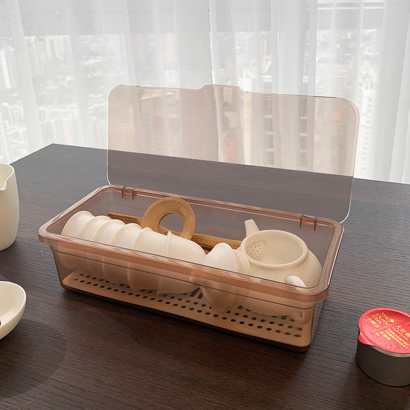 KS Tea set storage box double-layer desktop dust-proof storage box with lid kitchen chopstick storage box drain rack tray
