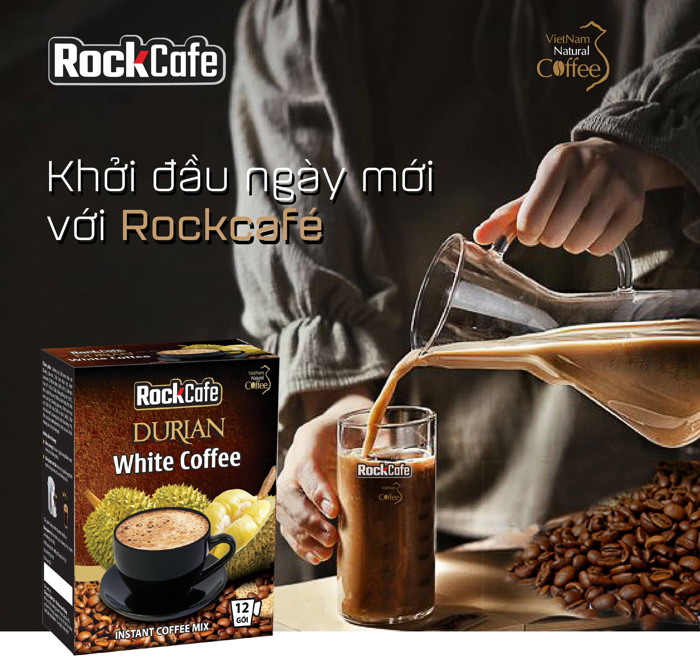 RockCafe - Cà phê hòa tan 3 trong 1 - Vị sầu riêng độc đáo - Thơm ngon - Đậm vị - Hộp 12 gói x 20gr