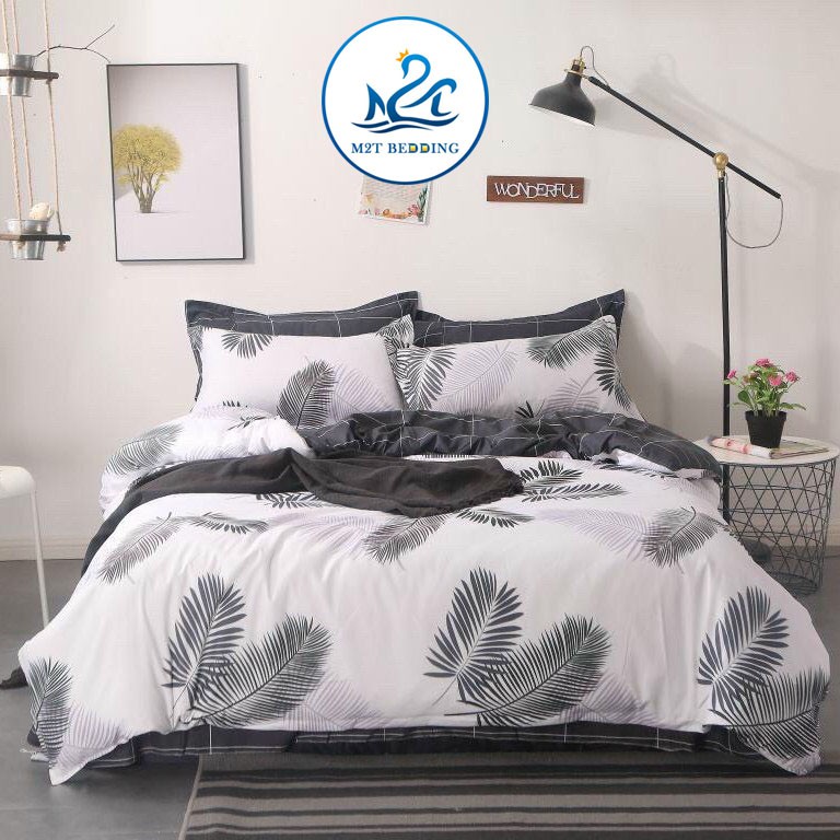 Bộ chăn ga gối Cotton poly M2T Bedding Lá me đen - vỏ chăn mền, drap nệm và 2 vỏ gối - chưa kèm ruột - miễn phí bo chun theo yêu cầu, đủ size 1m2, 1m4, 1m6, 1m8, 2m2