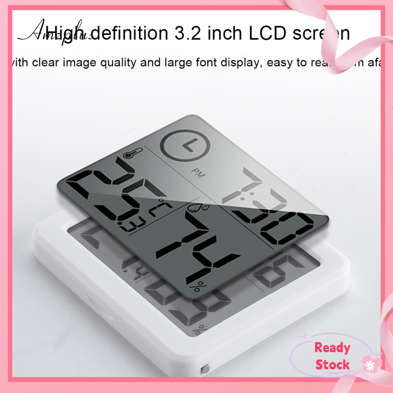 Amzplus Digital Wall Clock With 3.2inch LCD Display Temperature Time Humidity Meter For Indoor Bedroom Baby Room