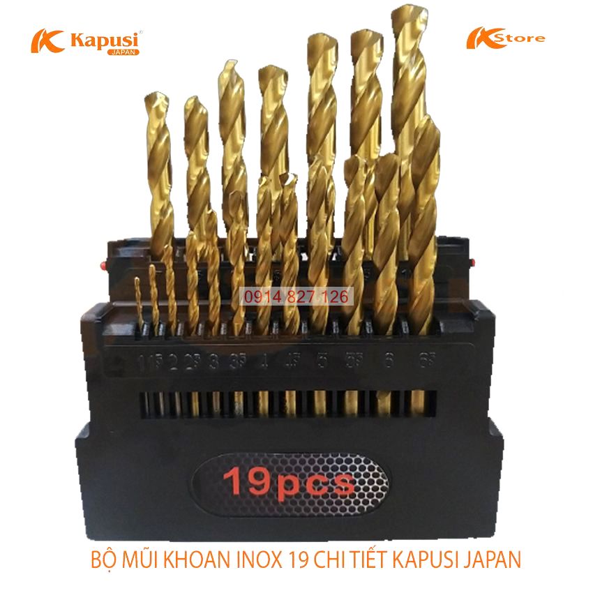 Bộ Mũi khoan inox hãng Kapusi Nhật Bản các 6 chi tiết và bộ 19 chi tiết gồm các cỡ thông dụn