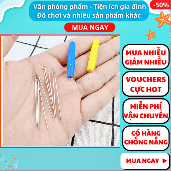 Combo 10 cây kim và 2 dụng cụ xỏ kim, kim may đồ ,kim thêu tranh ,kim may quần , Aplusmart