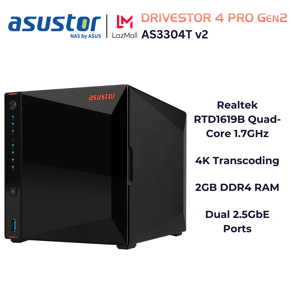 ASUSTOR AS3304T v2 DRIVESTOR 4 Pro Gen2 4 Bay NAS Realtek RTD1619B