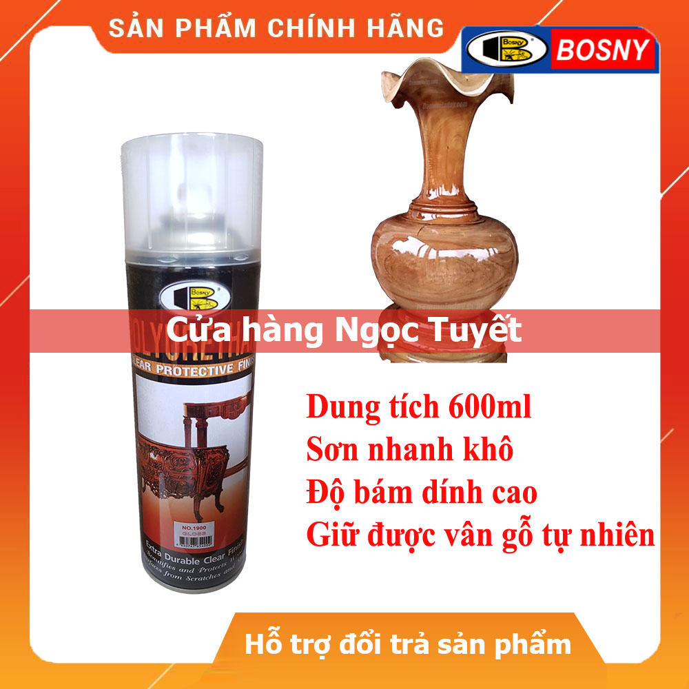 Sơn xịt pu bóng gỗ trong bóng no.1900 loại tốt bosny 600ml & sơn xịt pu bóng gỗ trong mờ no.1911 loại tốt bosny 600ml