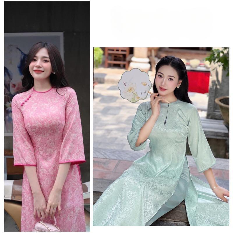 Áo Dài Gấm Hoa Tay Lỡ Phối Viền Dịu Dàng – Thiết Kế Truyền Thống Mềm Mại Tôn Dáng | Mieso Store