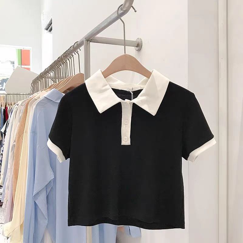 Áo Croptop nữ Cổ Bẻ Áo Thun Polo Basic Cơ Bản Trắng Đen Phối Cổ