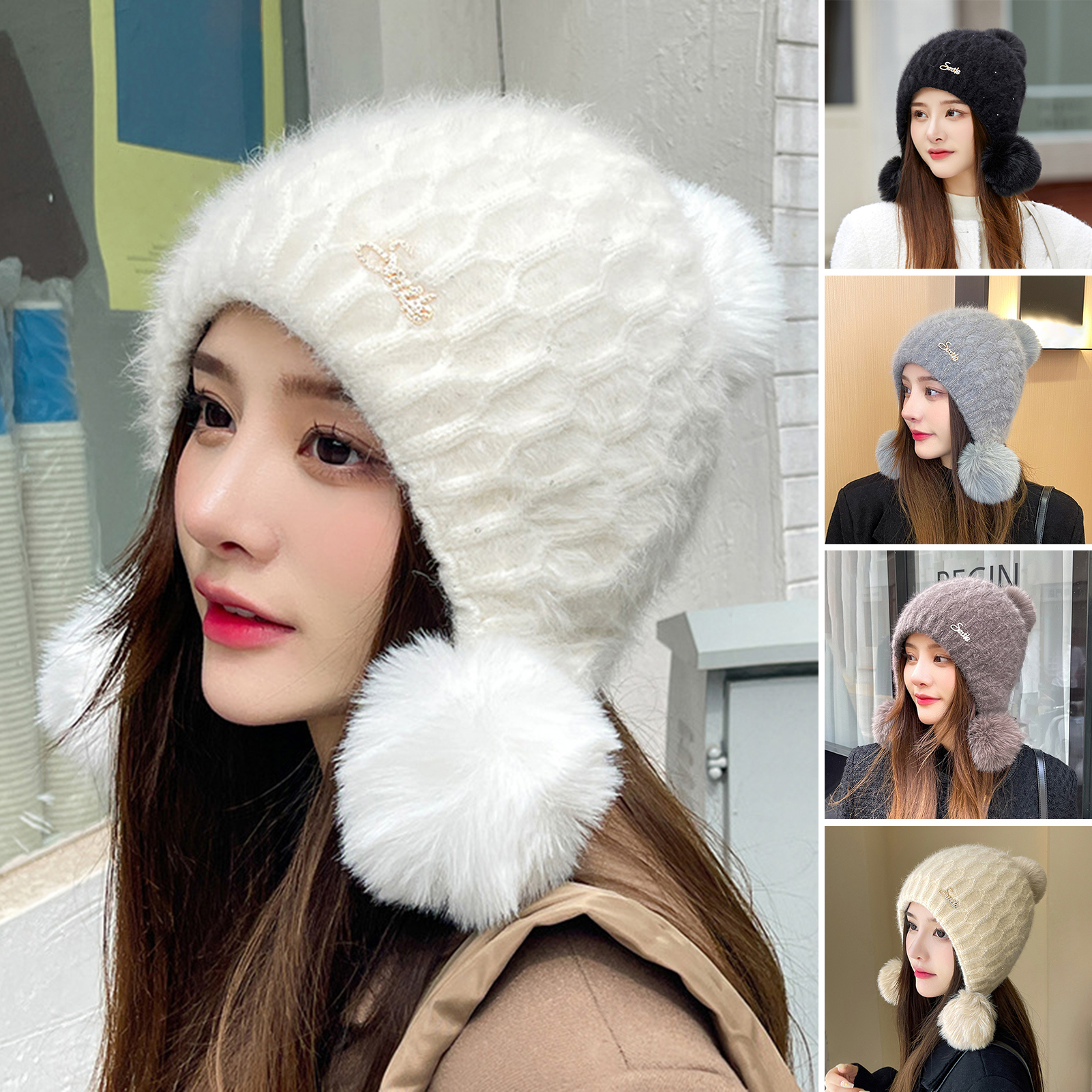 Women Winter Beanie Knitting Thicken Elastic Solid Color Plush Keep Warm  Fluffy Ear Protection Women Winter Hat Women Headwear